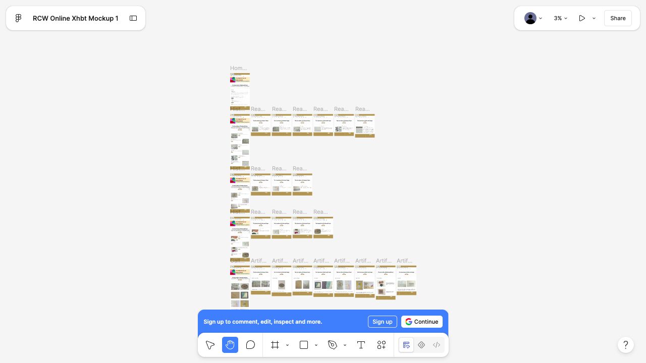 Original Figma design board with exhibit home, timeline and gallery layouts